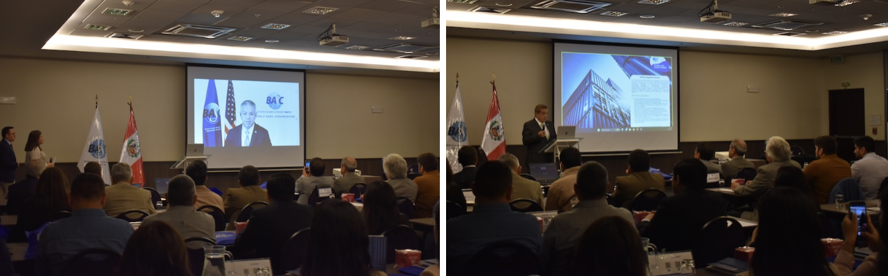 Primera foto: Momentos durante el saludo protocolar del Sr. Erik Moncayo, presidente internacional de WBO, desde la sede principal de World BASC Organization en Miami, Fl. Segunda foto: Instalación del Encuentro por parte del Sr. César Venegas, director ejecutivo del capitulo BASC Perú.